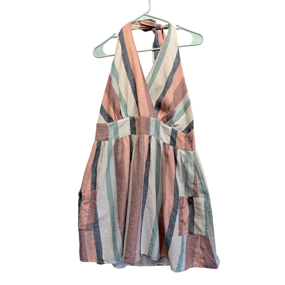 American Eagle Halter Dress Striped Smocked Back Linen Blend Women XL Beach